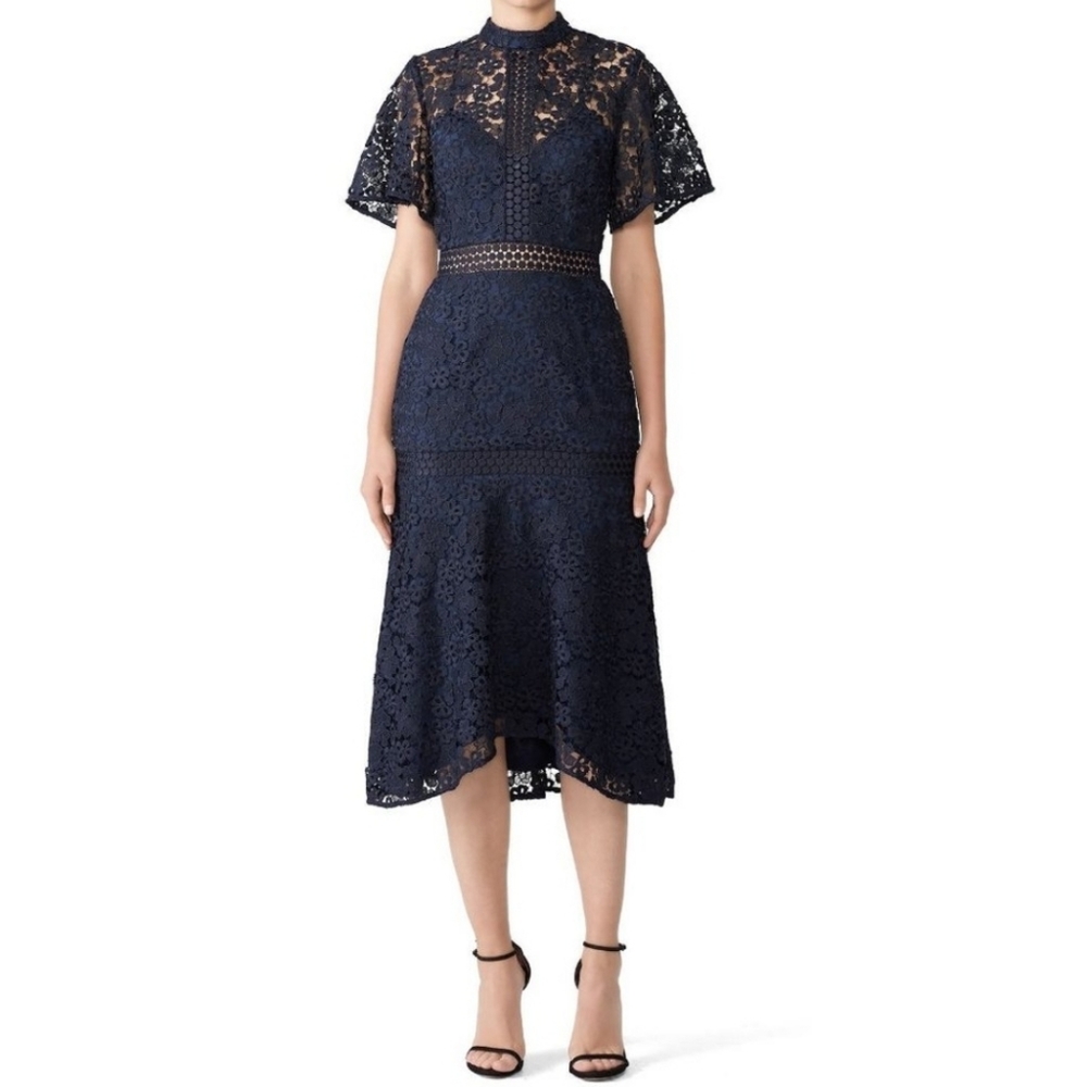 Keepsake Lace Midi Dress Navy & Black - Size XL